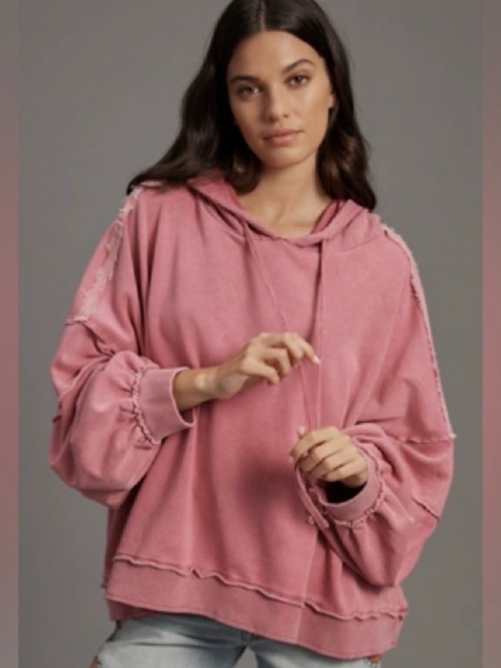 Anthropologie Pilcro Oversized Pink Raw Edge Hoodie Sweatshirt XL Boho GUC